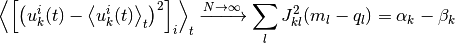 \Avg{
  \left[\left(
    u_k^i(t) - \Avg{u_k^i(t)}_t
  \right)^2 \right]_i
}_{t}
\xrightarrow{N \to \infty}
\sum_l J_{kl}^2 (m_l - q_l)
=
\alpha_k - \beta_k