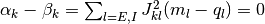 \alpha_k - \beta_k = \sum_{l=E,I} J_{kl}^2 (m_l - q_l) = 0